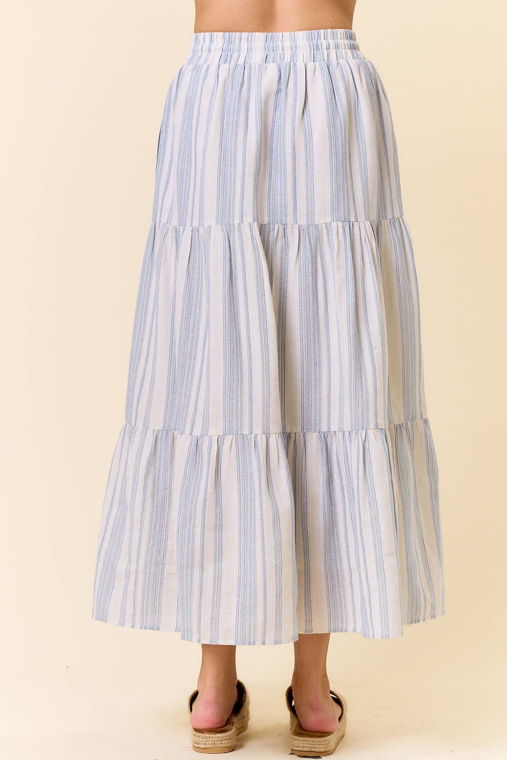 Cotton Striped Elastic Waist Tiered Maxi Skirt