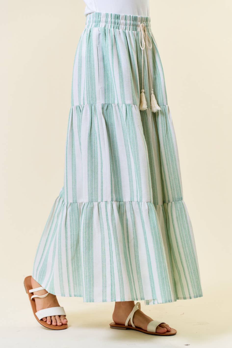 Cotton Striped Elastic Waist Tiered Maxi Skirt