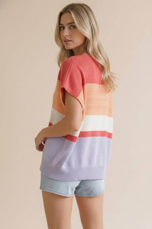 Cyla Multi Stripe Dolman Sweater Knit Top
: Coral/Peach/Lilac