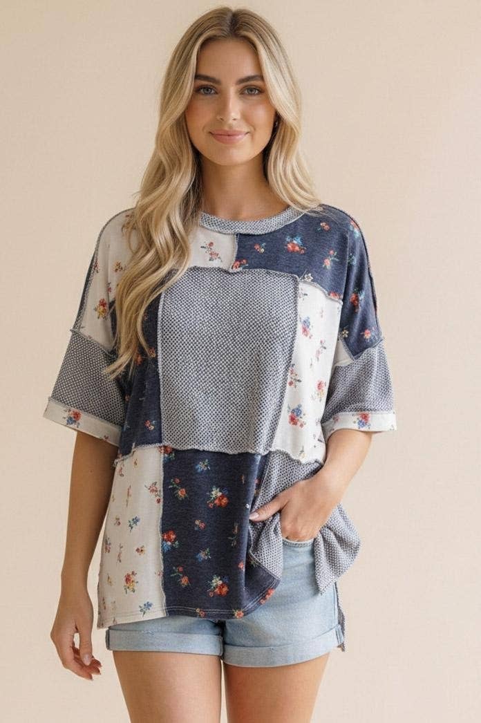 Textured Knit Floral Color Block Patchwork
: Grey/White/Navy