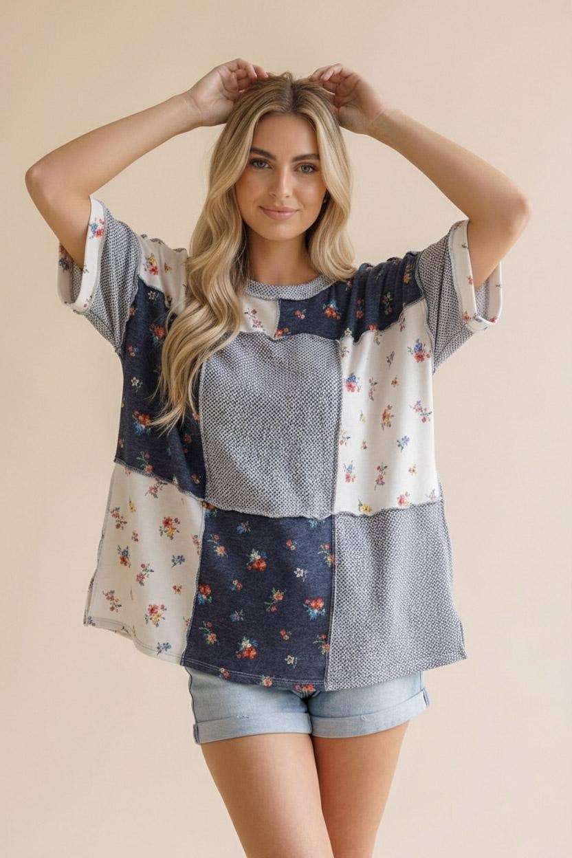 Textured Knit Floral Color Block Patchwork
: Grey/White/Navy