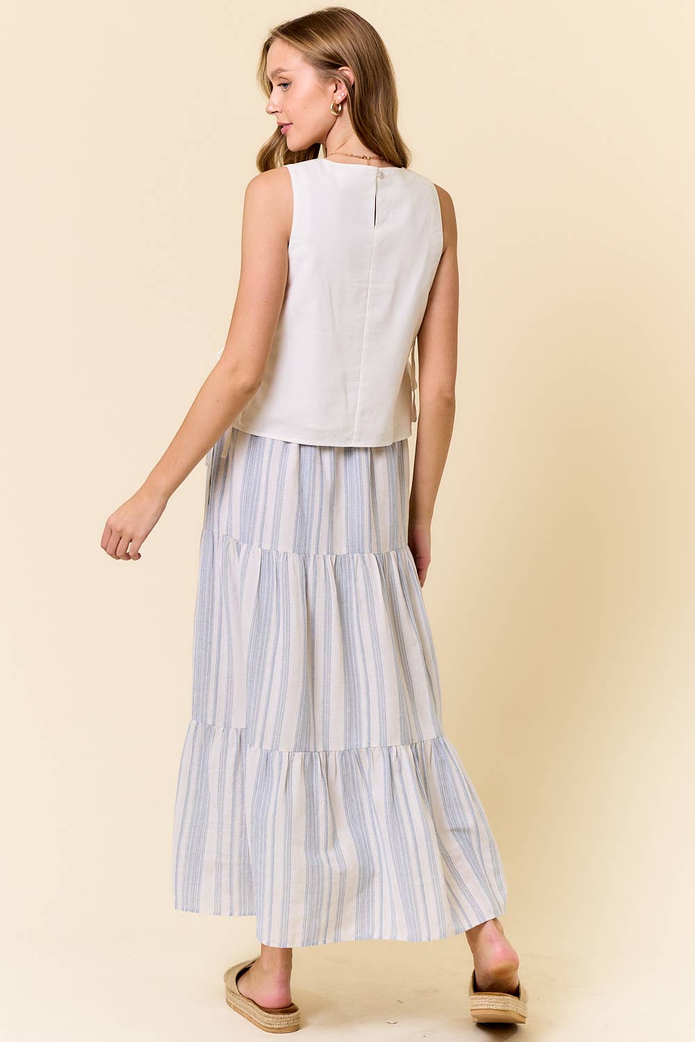 Cotton Striped Elastic Waist Tiered Maxi Skirt