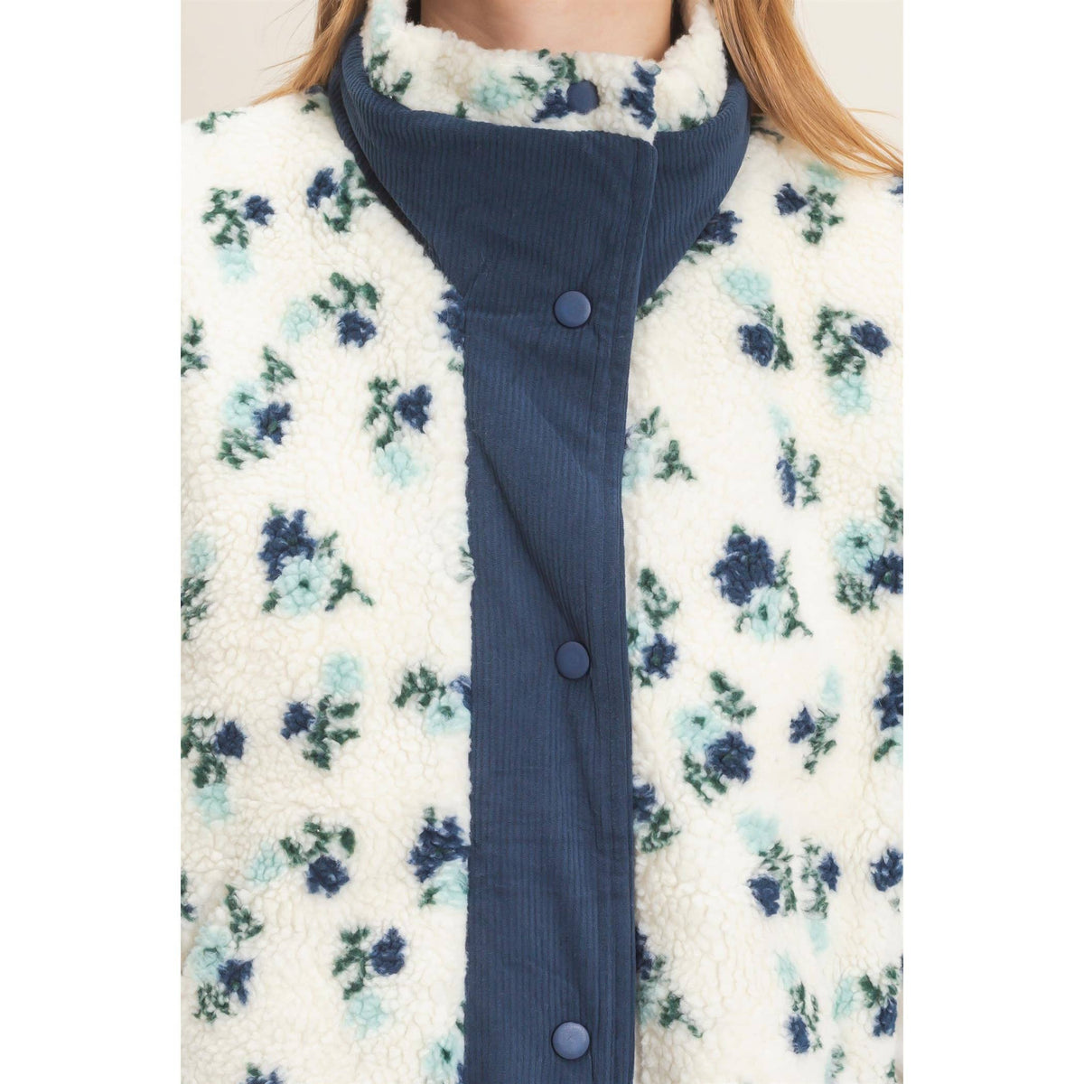 Cordelia Floral Sherpa Vest With Corduroy: BLUE