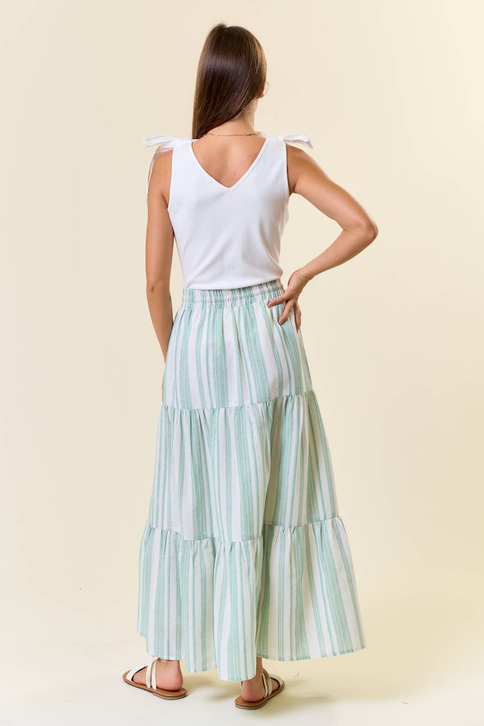 Cotton Striped Elastic Waist Tiered Maxi Skirt