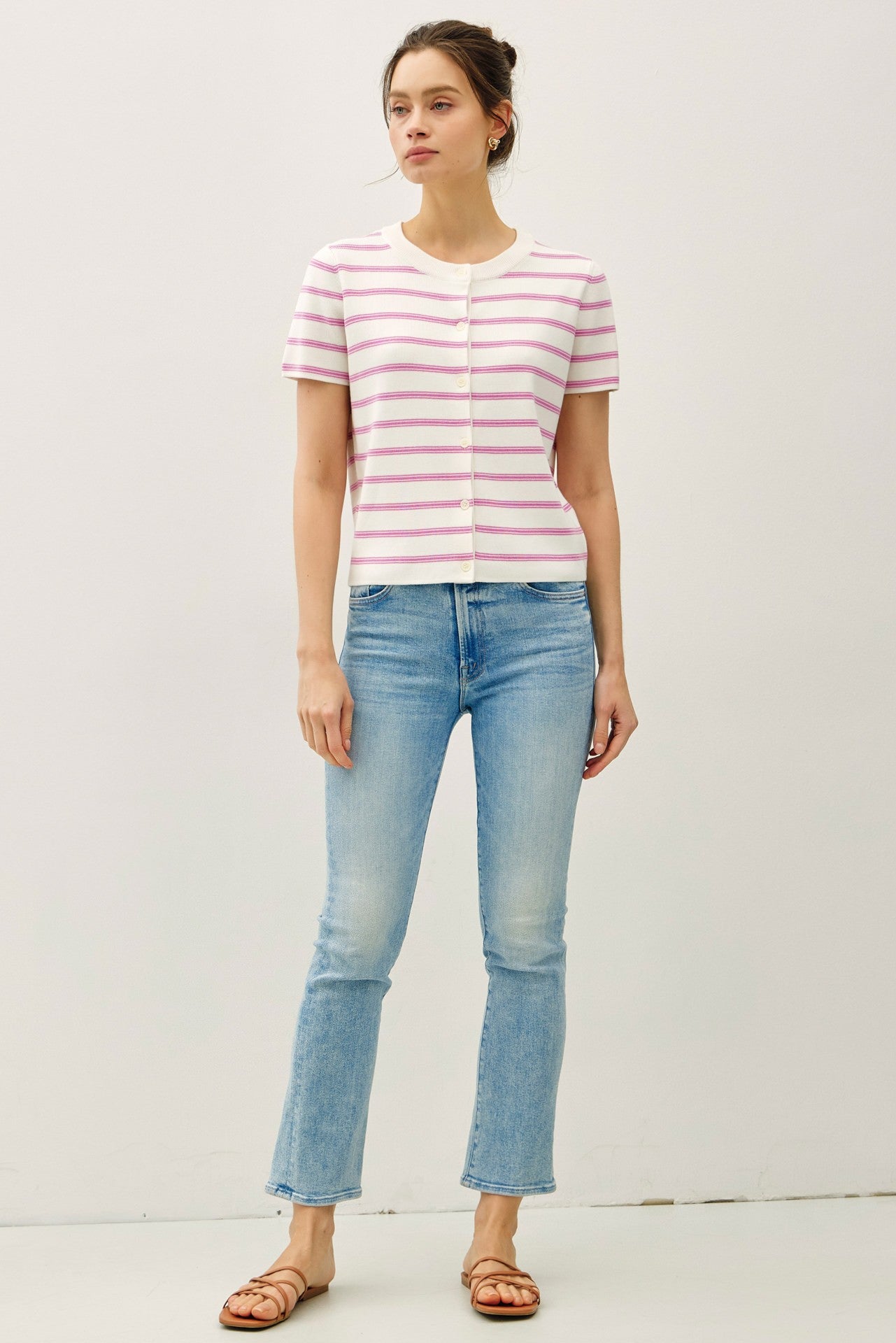 White and Raspberry Striped Short Sleeve Cardigan