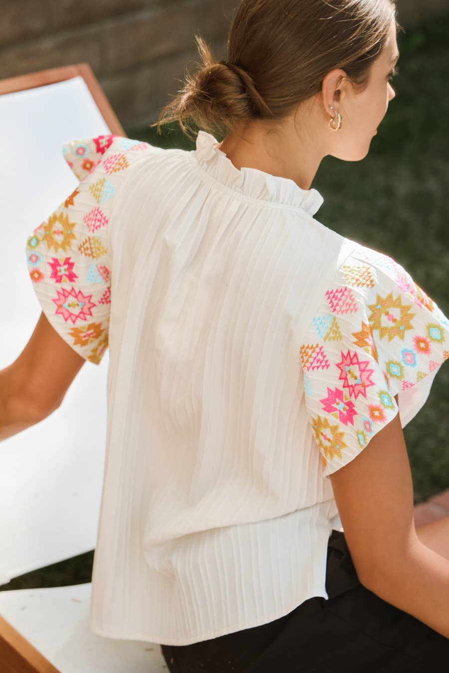 Embroidered Flutter Ruffle Sleeve Top: Black