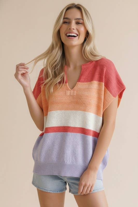 Cyla Multi Stripe Dolman Sweater Knit Top
: Coral/Peach/Lilac
