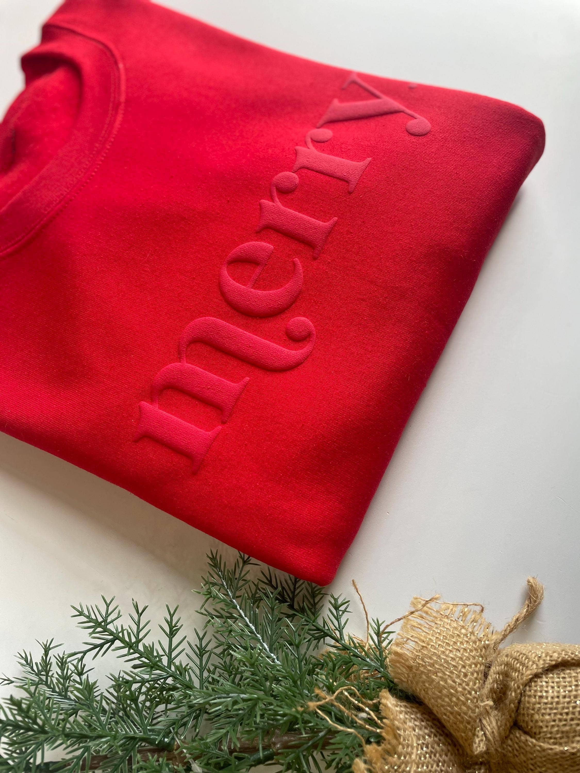 Retro Embossed Merry Sweatshirt - Womens Holiday Sweatshirt: Medium / Red