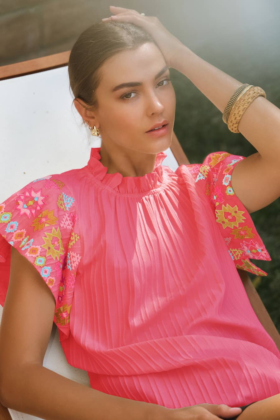 Embroidered Flutter Ruffle Sleeve Top: Black