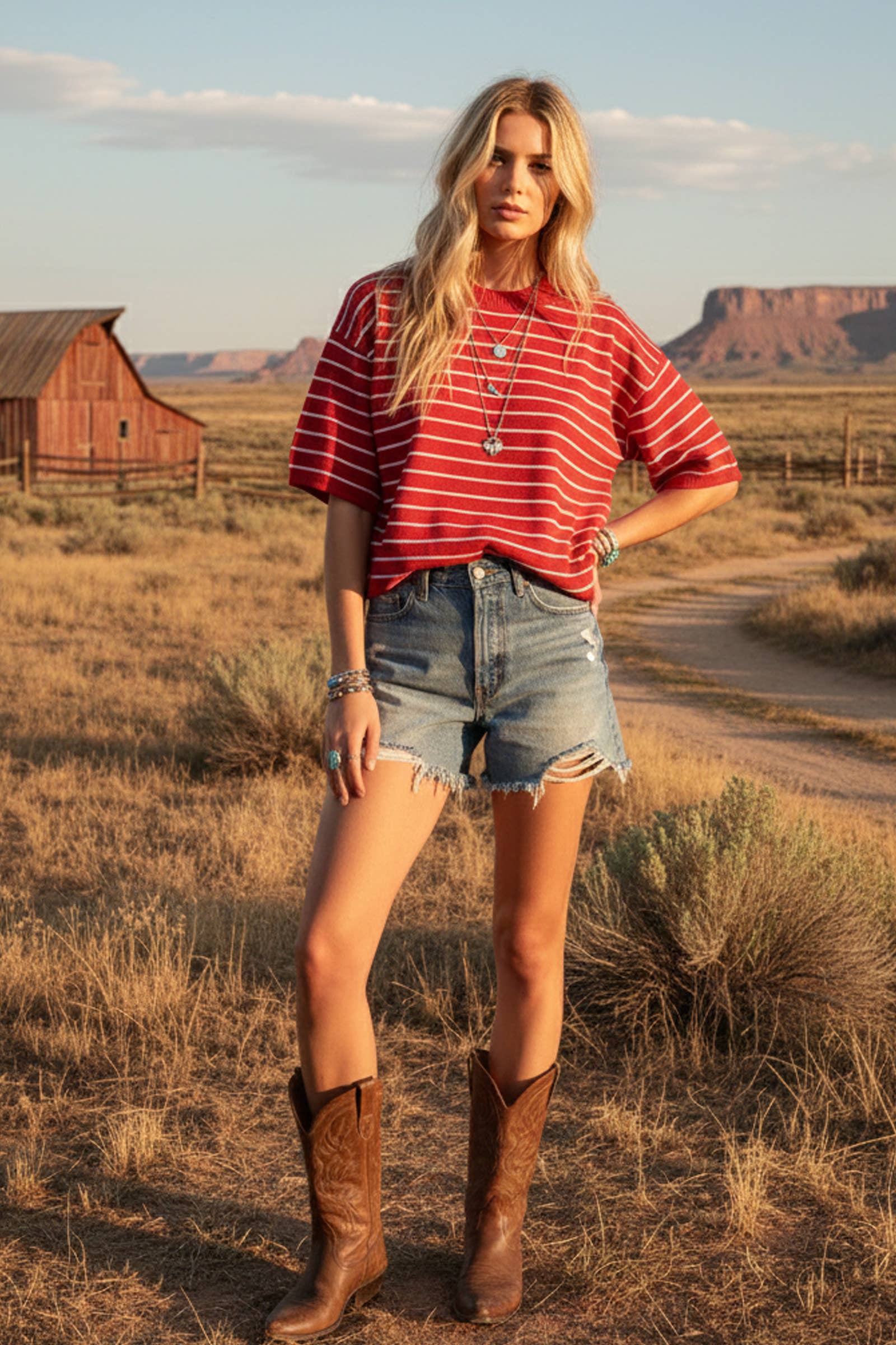 Striped Knit Short Sleeve Top: TAUPE/WHITE