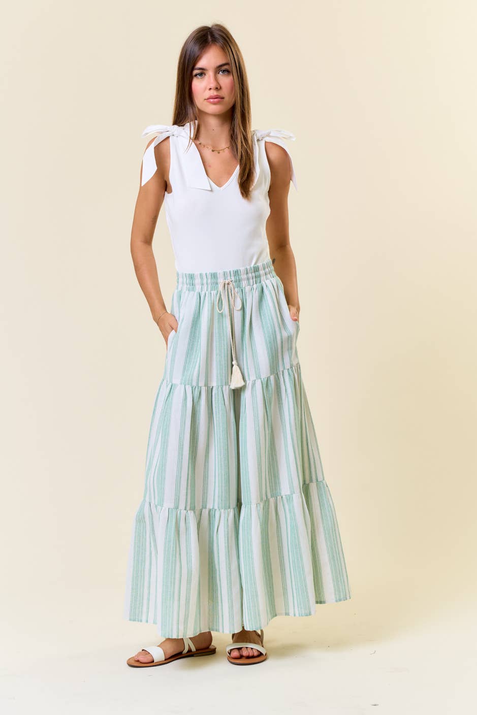 Cotton Striped Elastic Waist Tiered Maxi Skirt