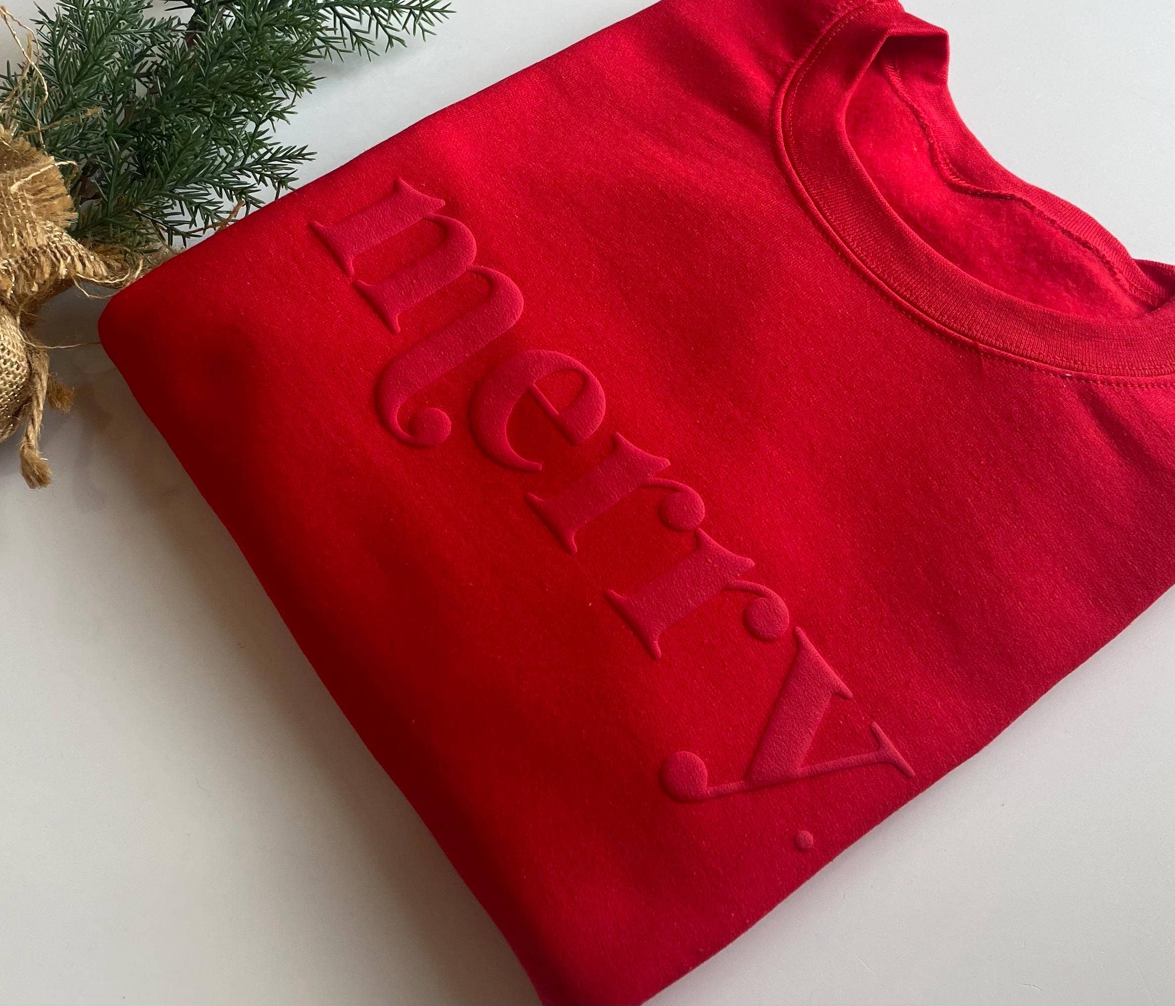 Retro Embossed Merry Sweatshirt - Womens Holiday Sweatshirt: Medium / Red