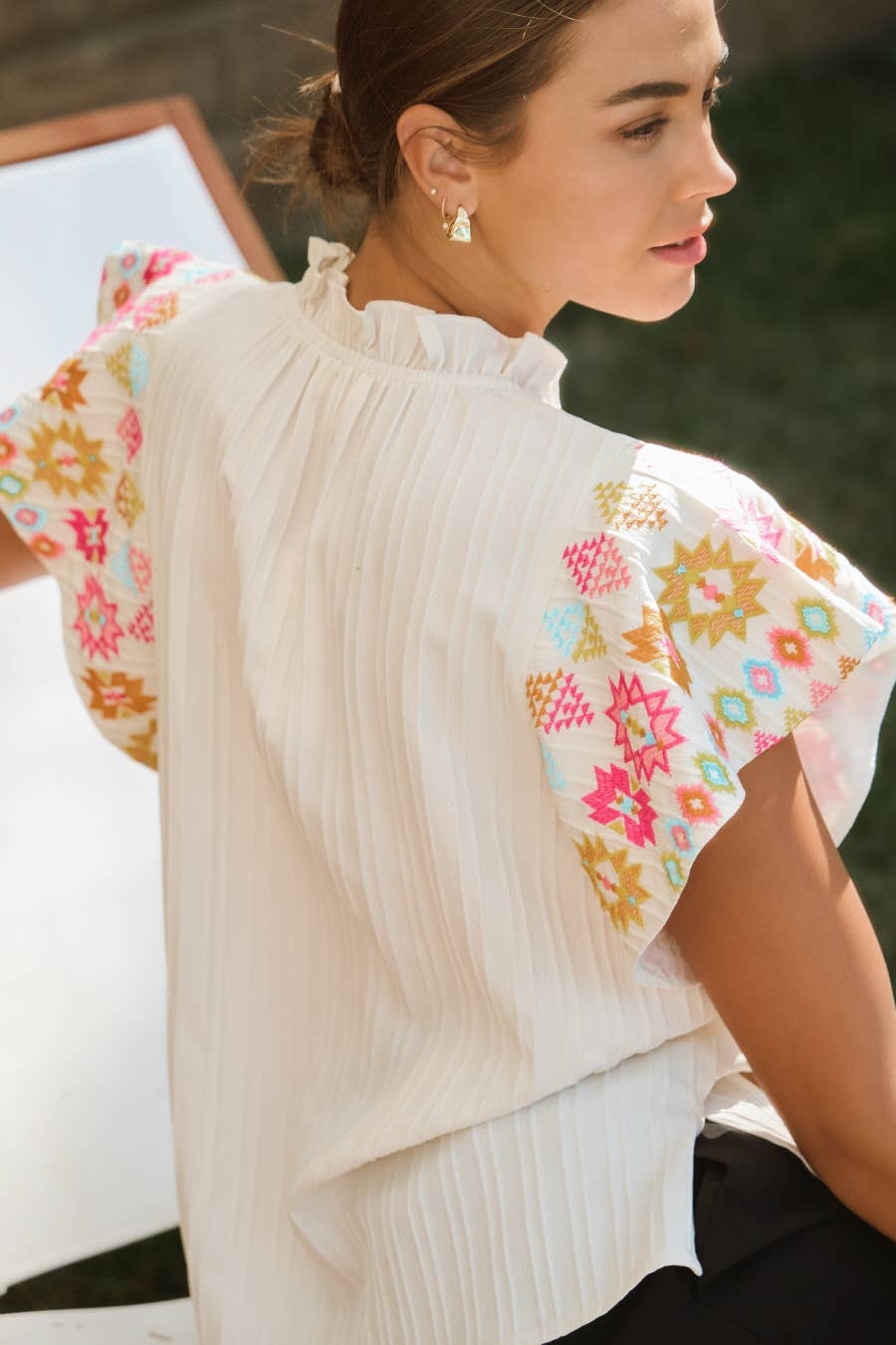 Embroidered Flutter Ruffle Sleeve Top: Black