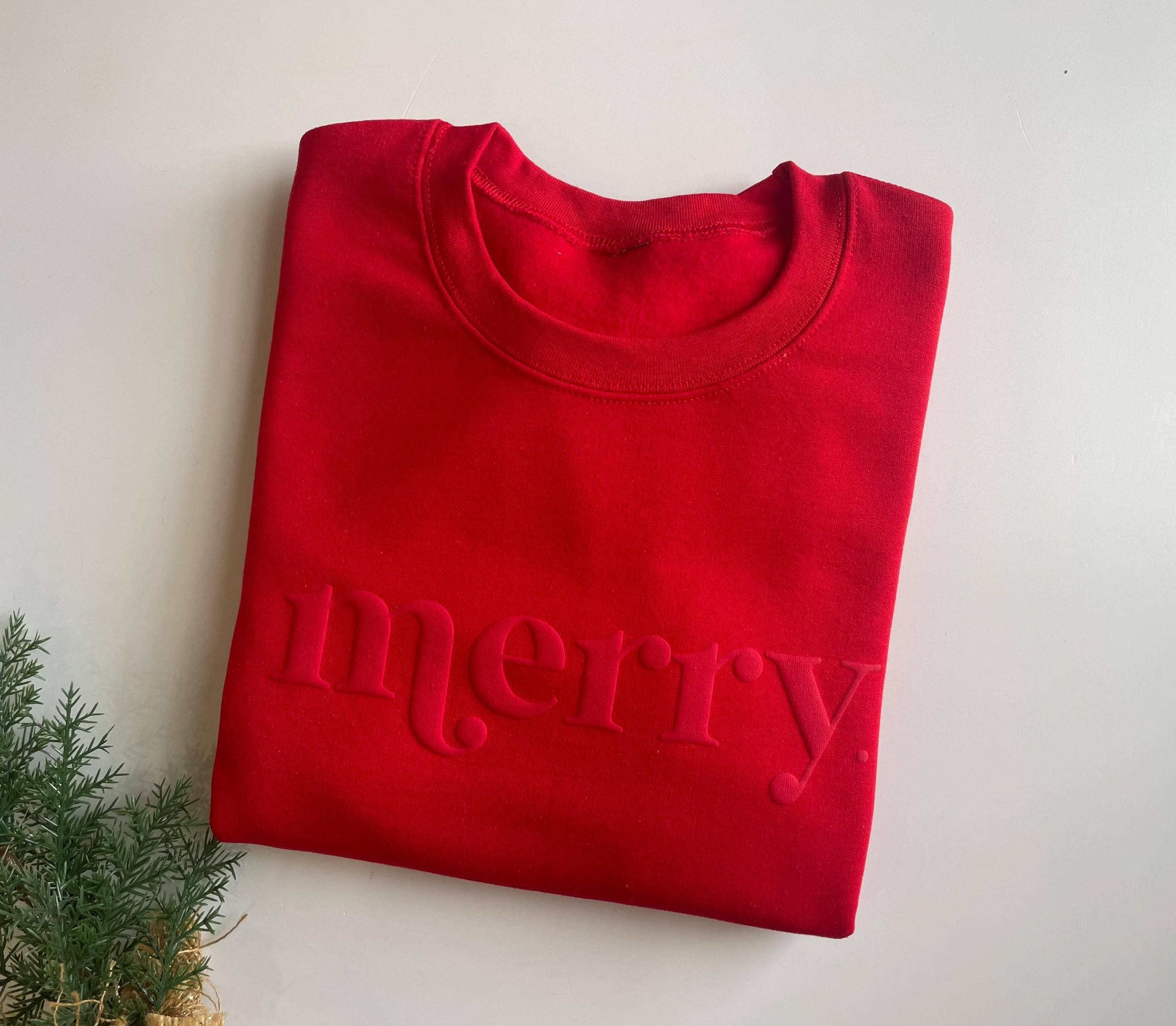 Retro Embossed Merry Sweatshirt - Womens Holiday Sweatshirt: Medium / Red