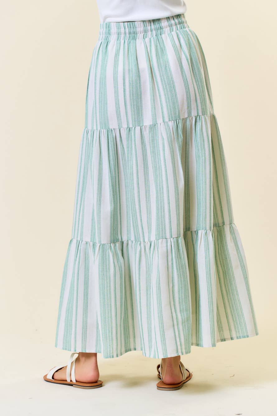 Cotton Striped Elastic Waist Tiered Maxi Skirt