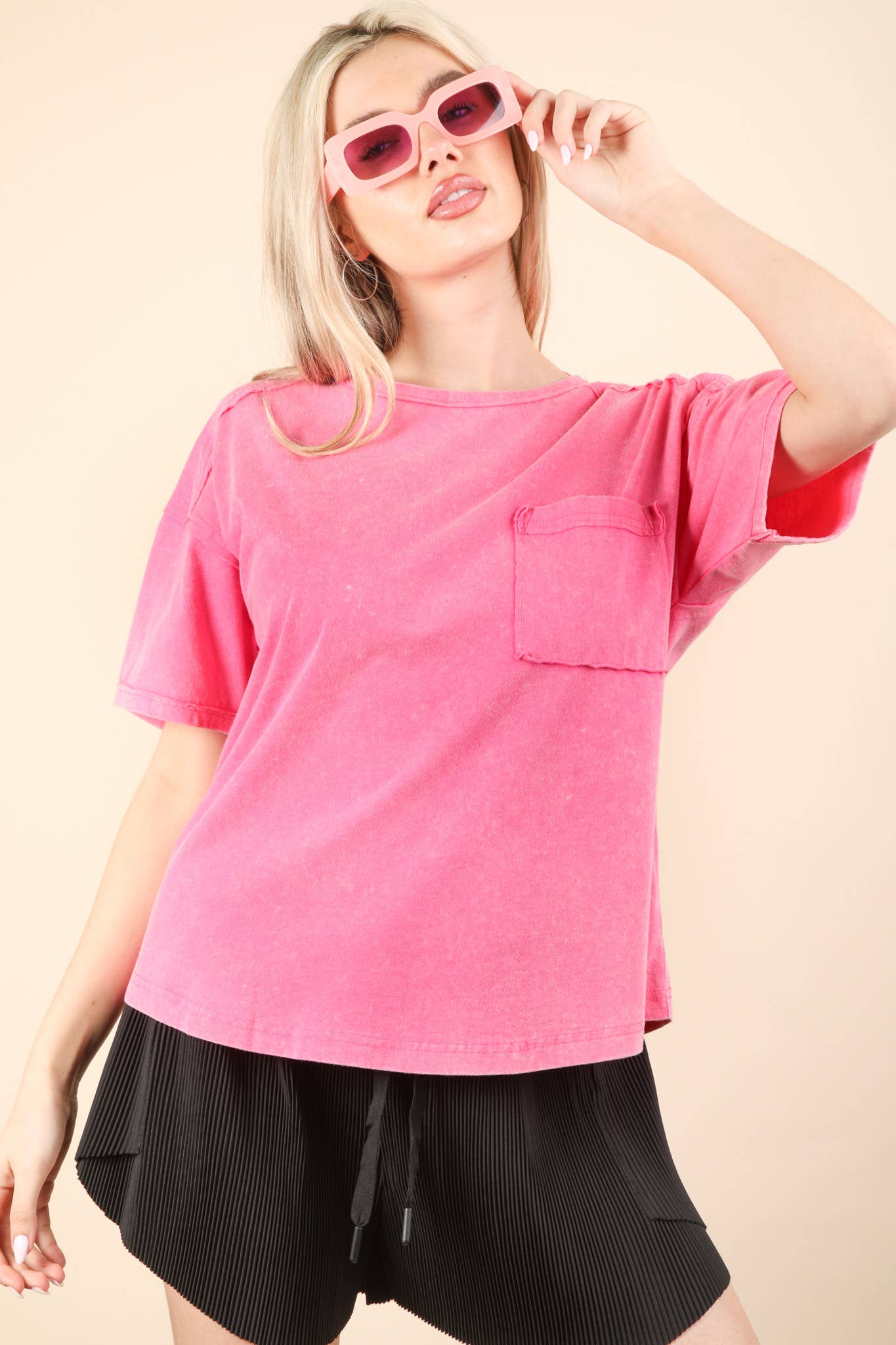 Perfectly Pink Short Sleeve Washed Knit Pocket Tee