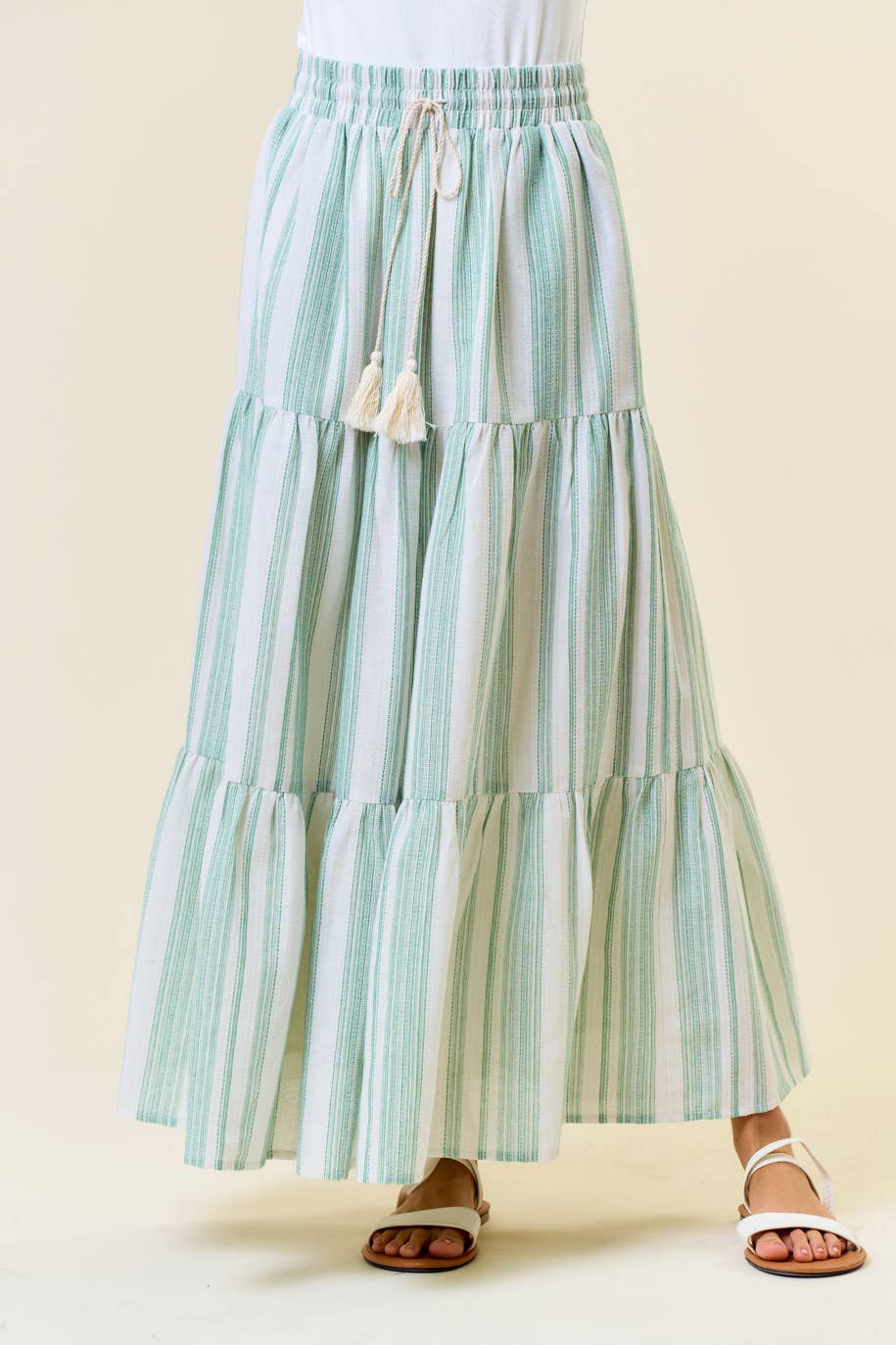 Cotton Striped Elastic Waist Tiered Maxi Skirt