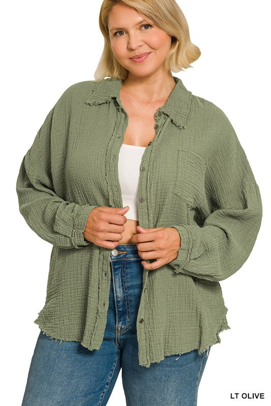 Olive Gauze Button Up Shirt