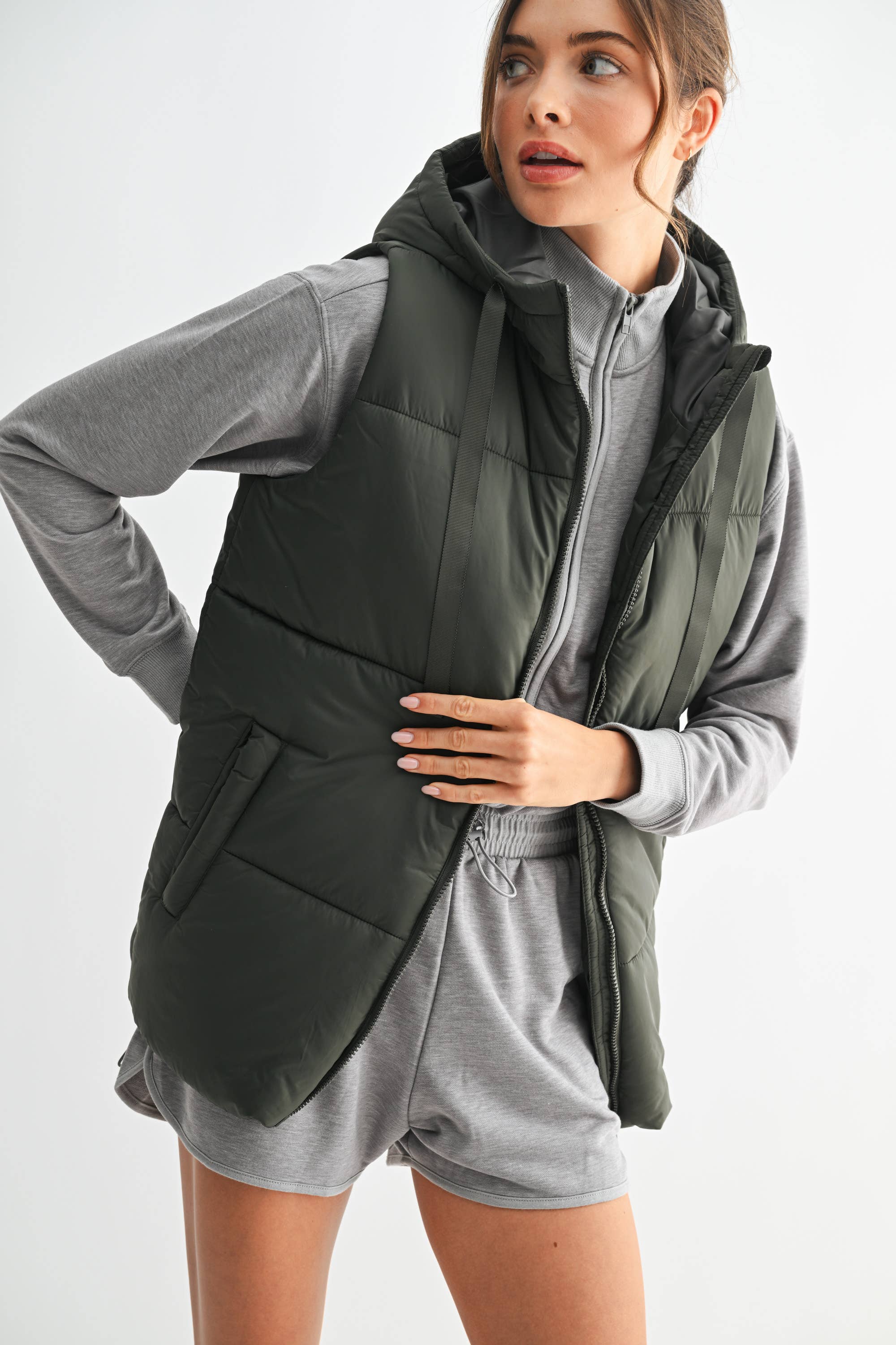 Longline High Neck Padded Vest: OLIVE