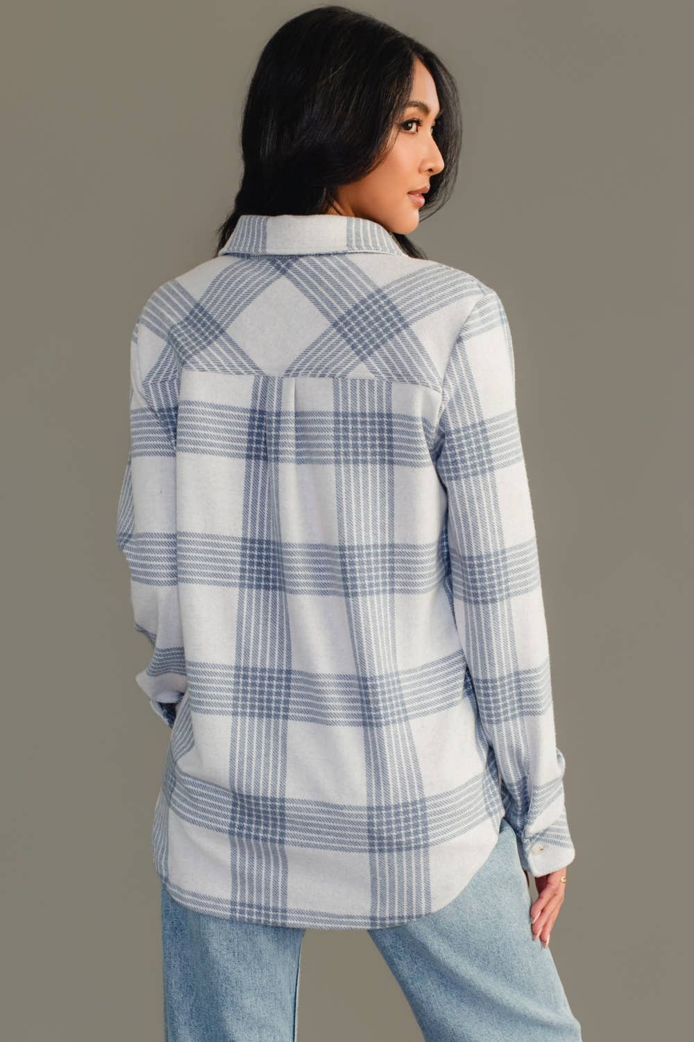 White & Dusty Blue Plaid Button Up Jacket
