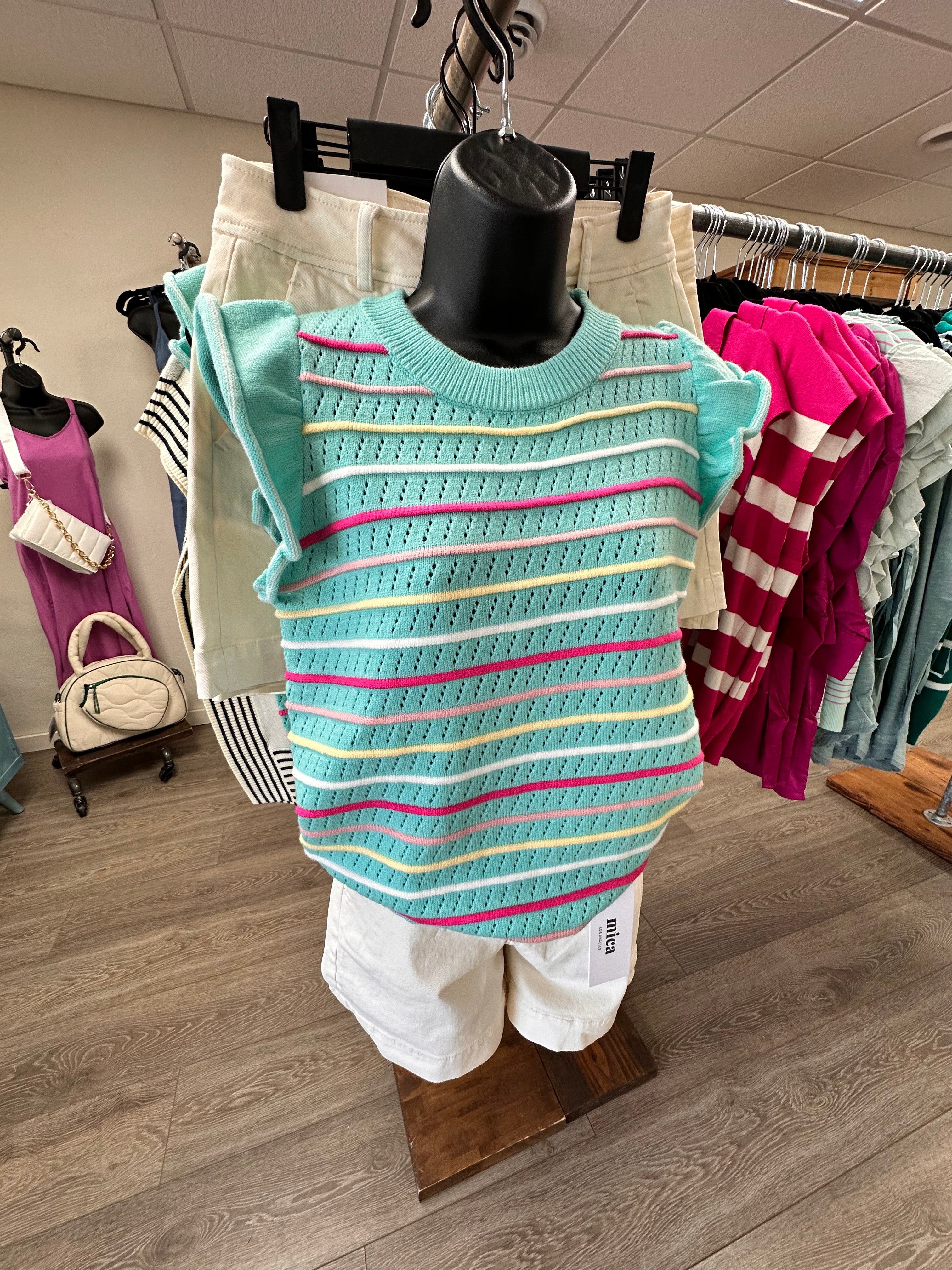 Mint and Stripe Flutter Sleeve Sweater Top