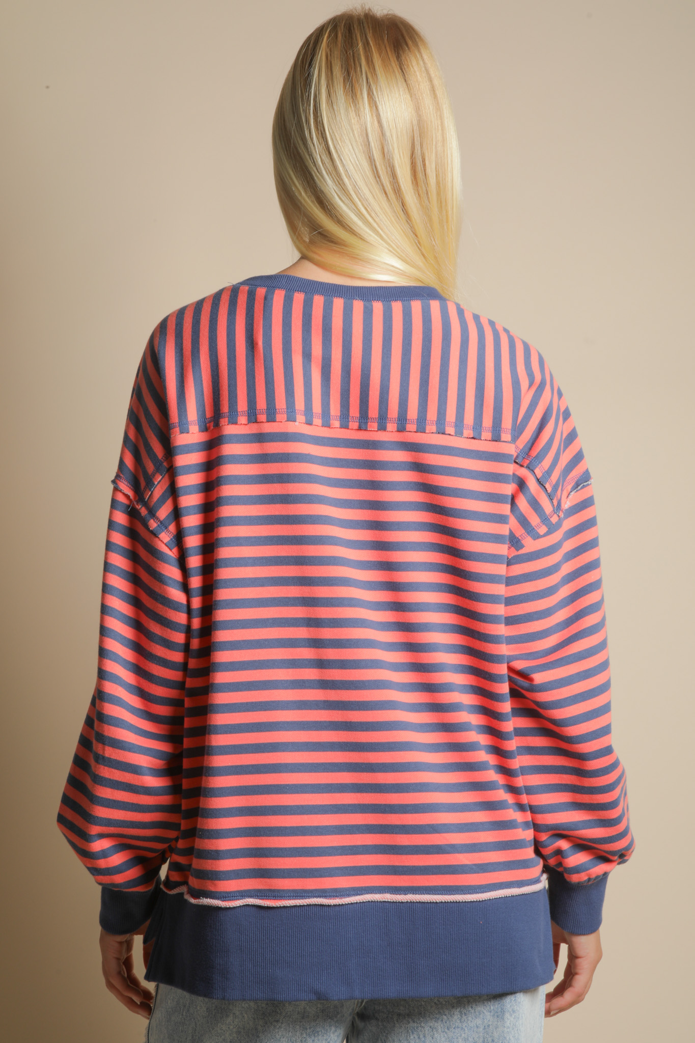 Selene Causal Striped Sweatshirt in Denim/Coral