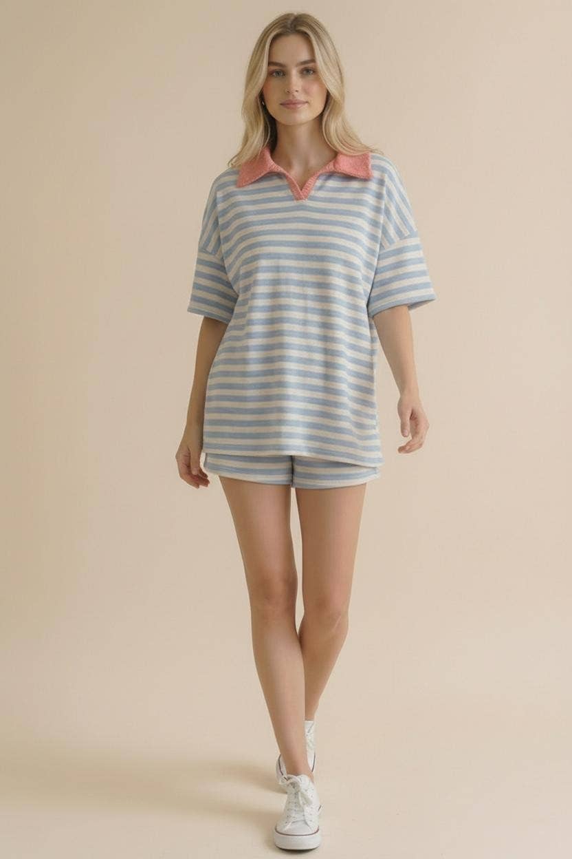 Stripe Color Block Loose Fit Lounge Wear Set
: Light Blue/Coral