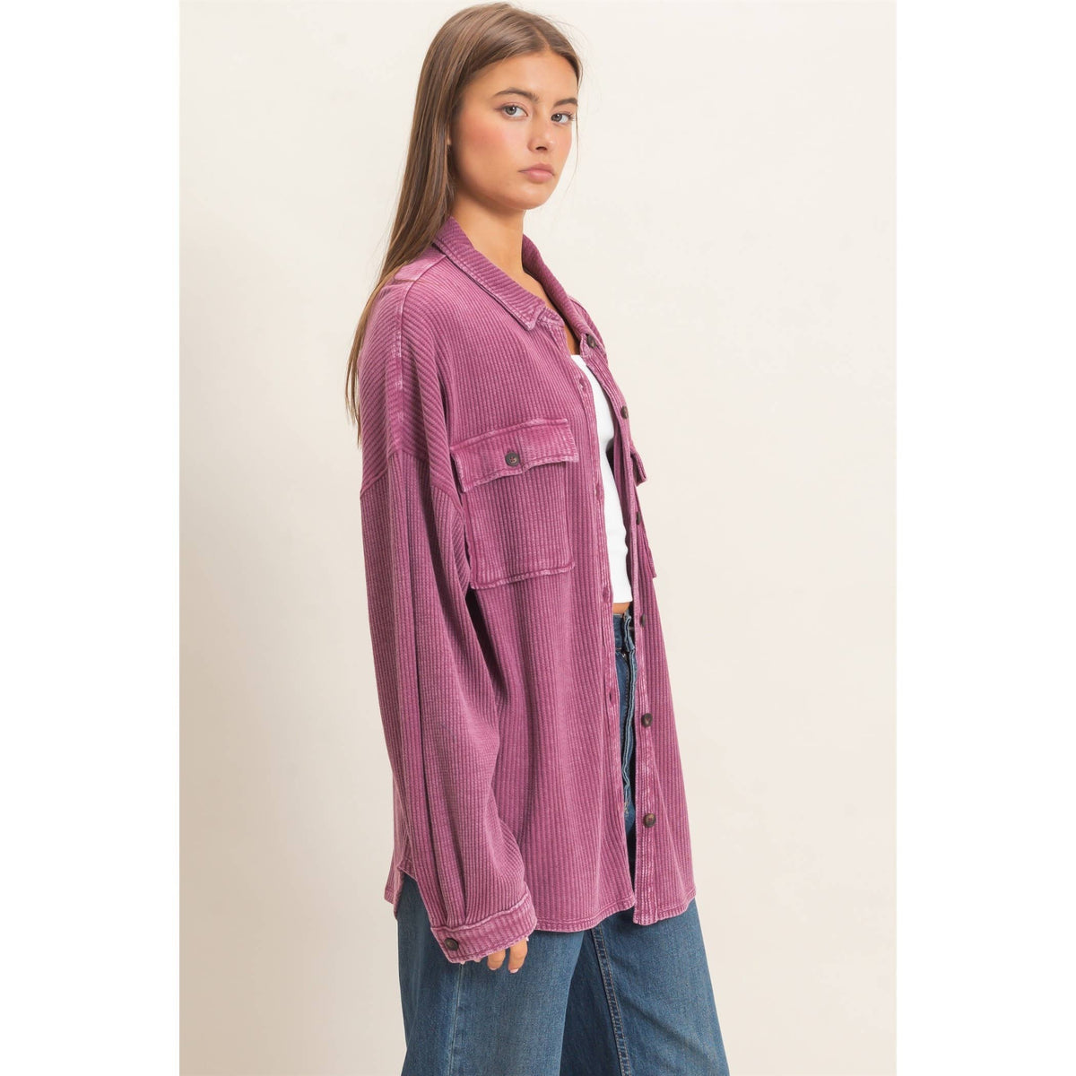 Mineral Wash Waffle Knit Button-Up Shacket: DARK CHERRY