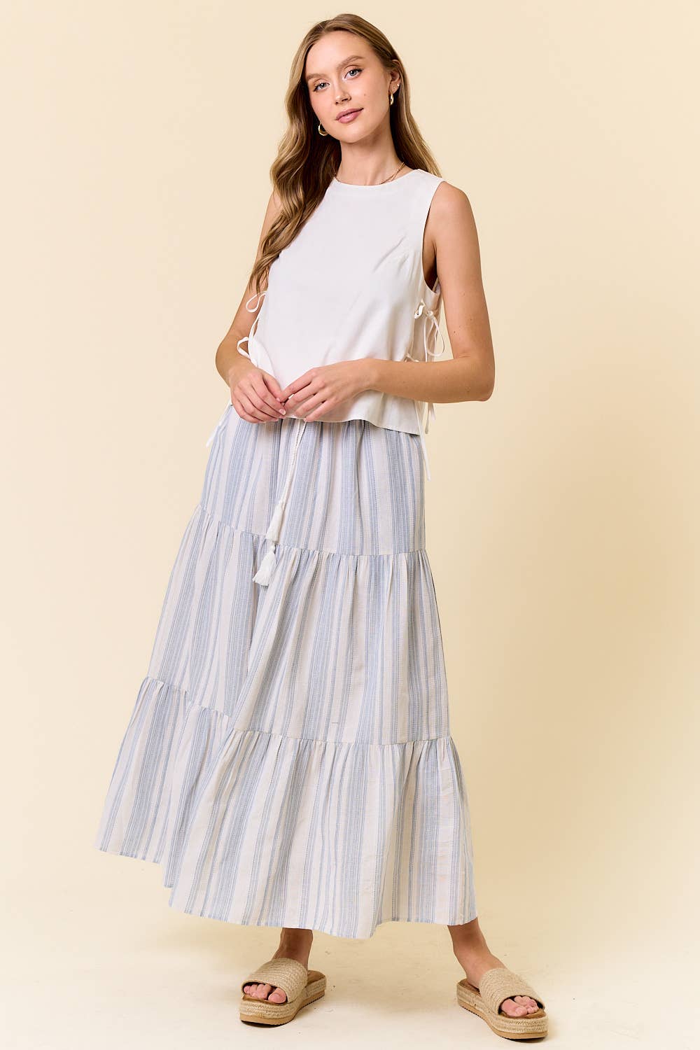 Cotton Striped Elastic Waist Tiered Maxi Skirt