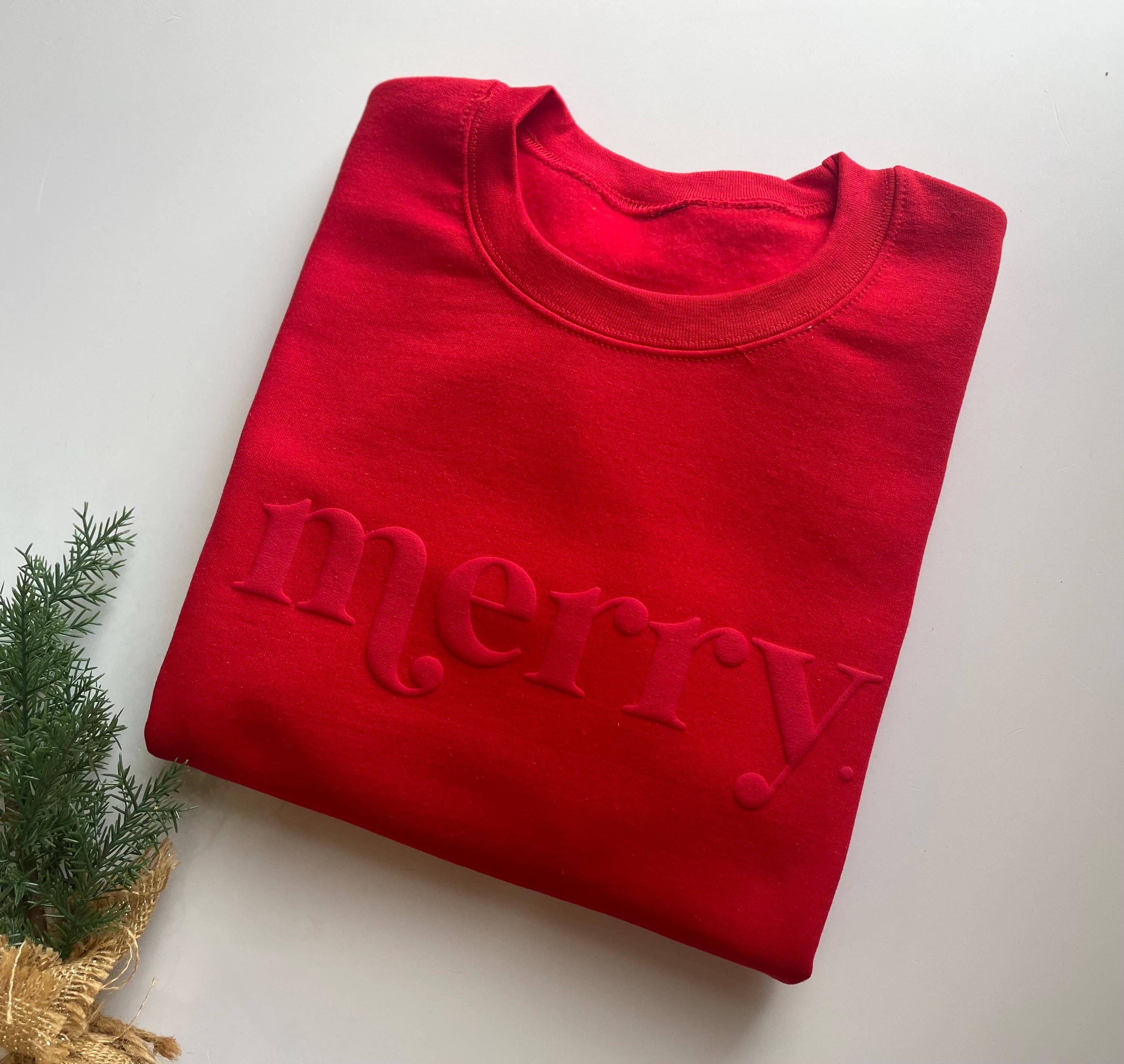 Retro Embossed Merry Sweatshirt - Womens Holiday Sweatshirt: Medium / Red