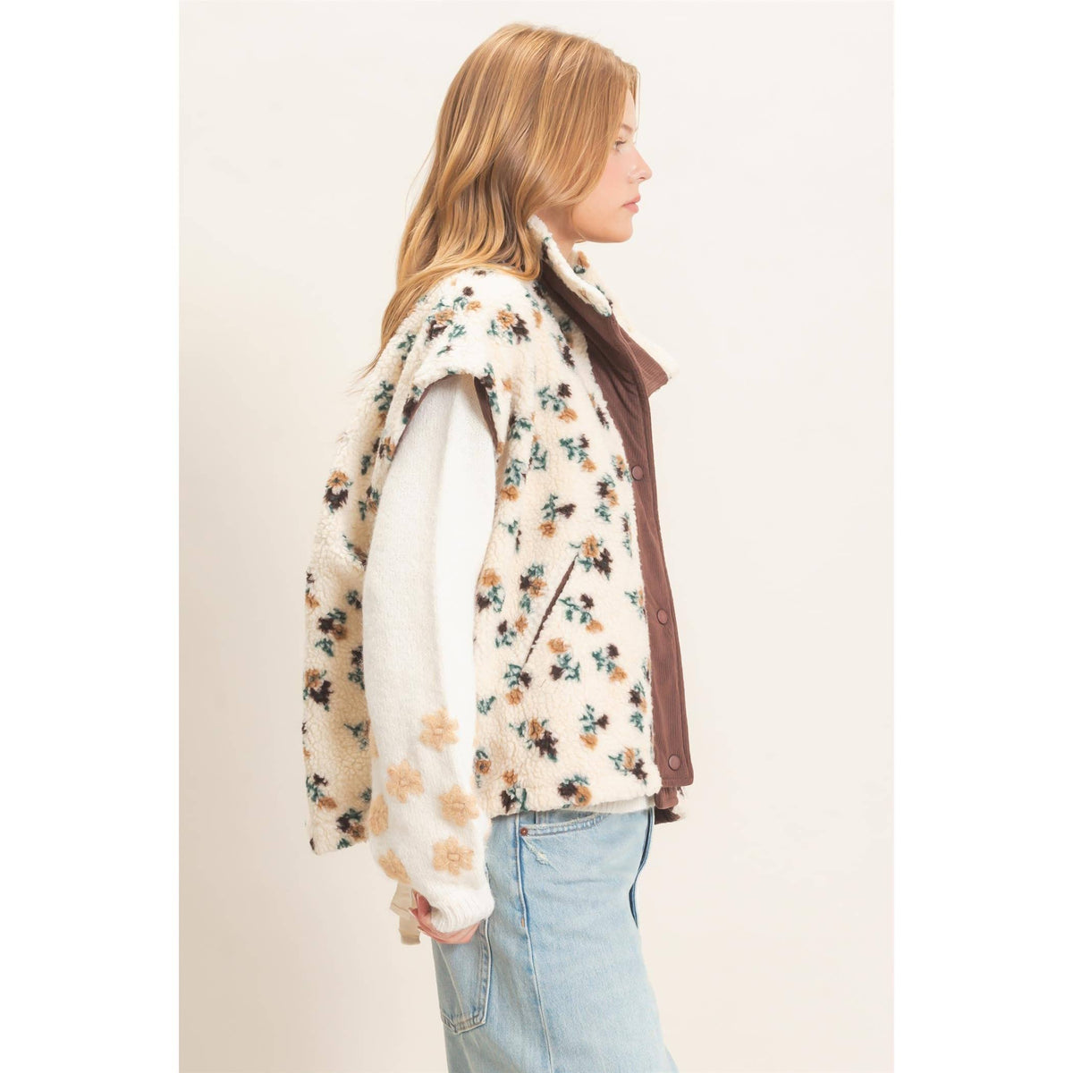 Cordelia Floral Sherpa Vest With Corduroy: BLUE