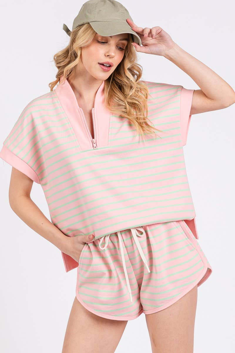 HALF ZIP UP STRIPED TOP AND SHORTS SETS : BLUE/PINK