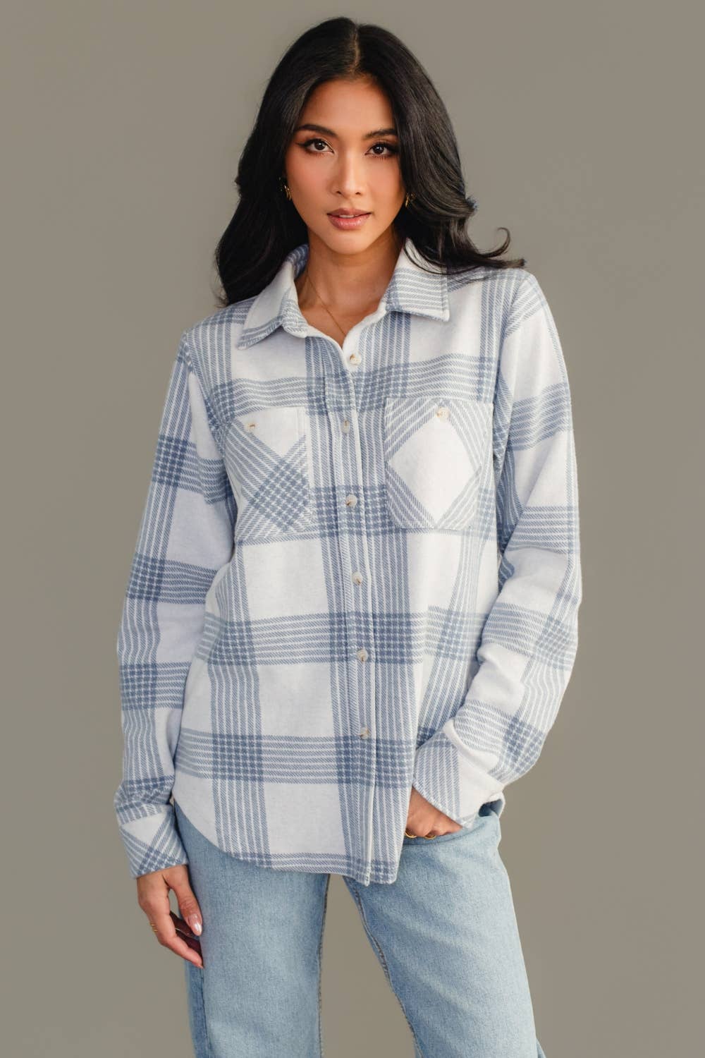 White & Dusty Blue Plaid Button Up Jacket
