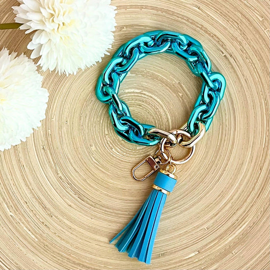 Metallic Chain Link Bangle Keychain | Wristlet Key Ring: Metallic Blue