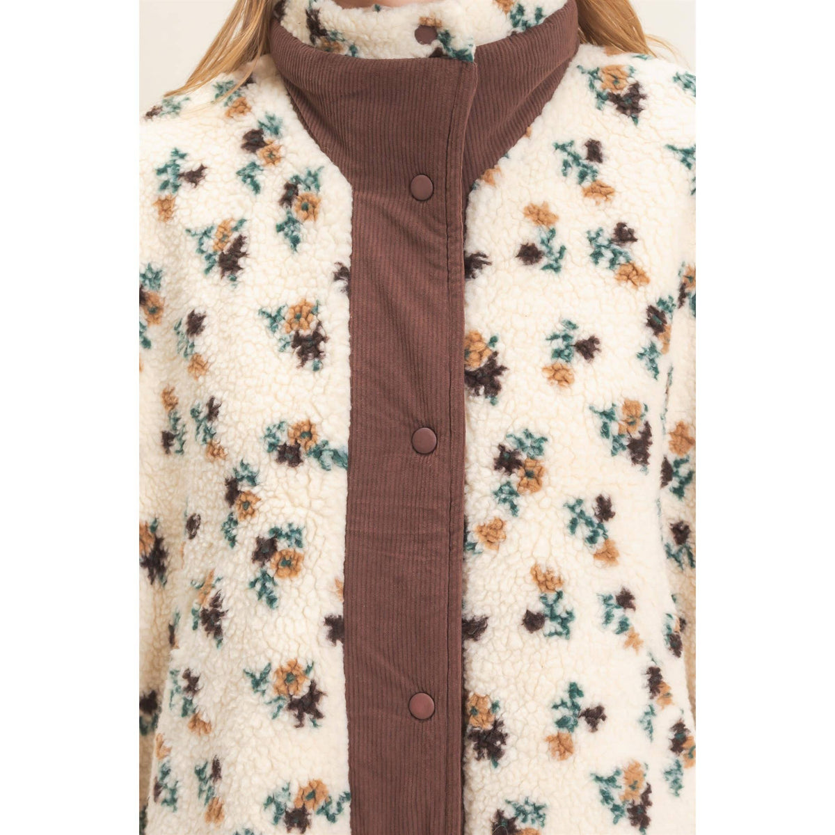 Cordelia Floral Sherpa Vest With Corduroy: BLUE