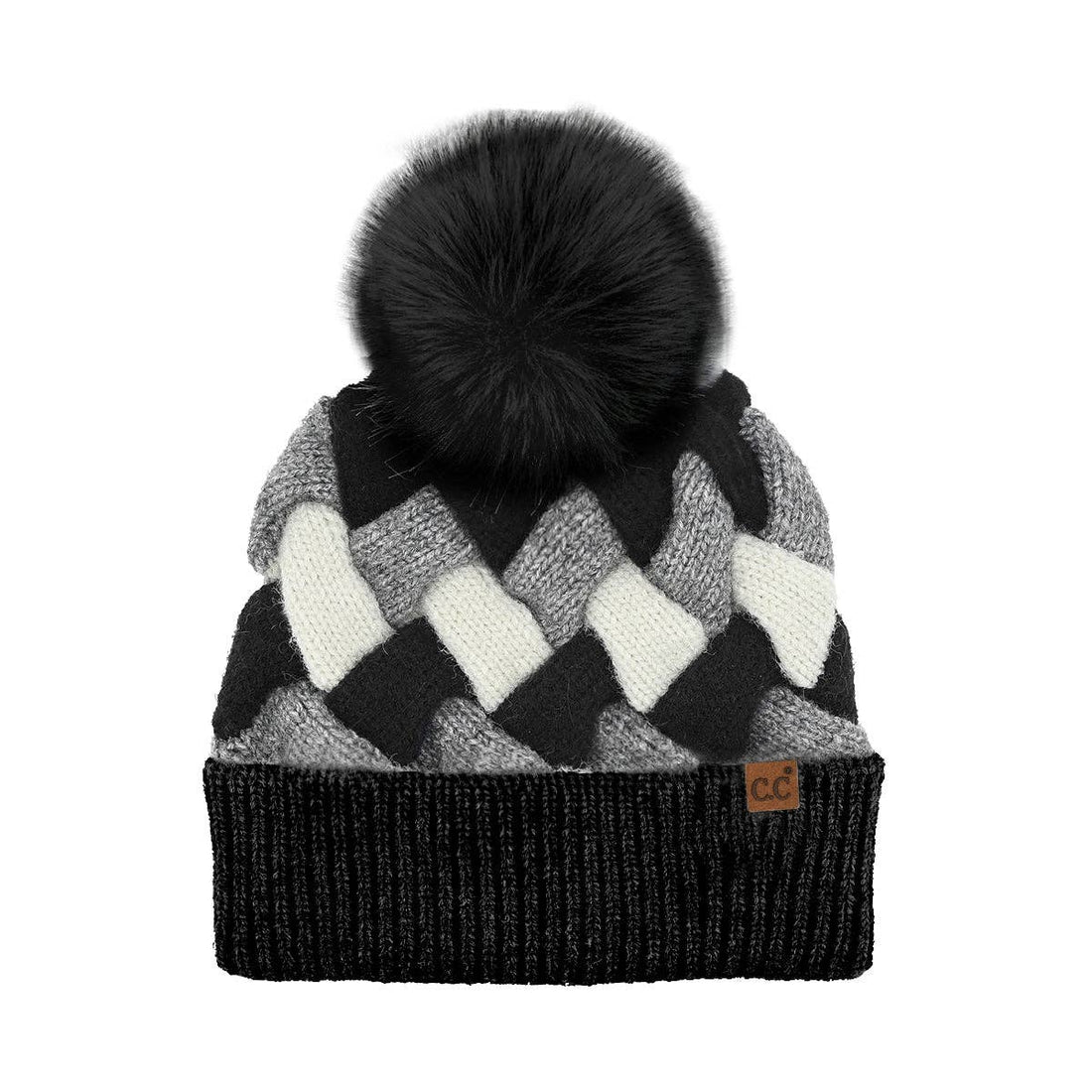 Chunky Weaved Faux Fur C.C Pom Beanie - Black