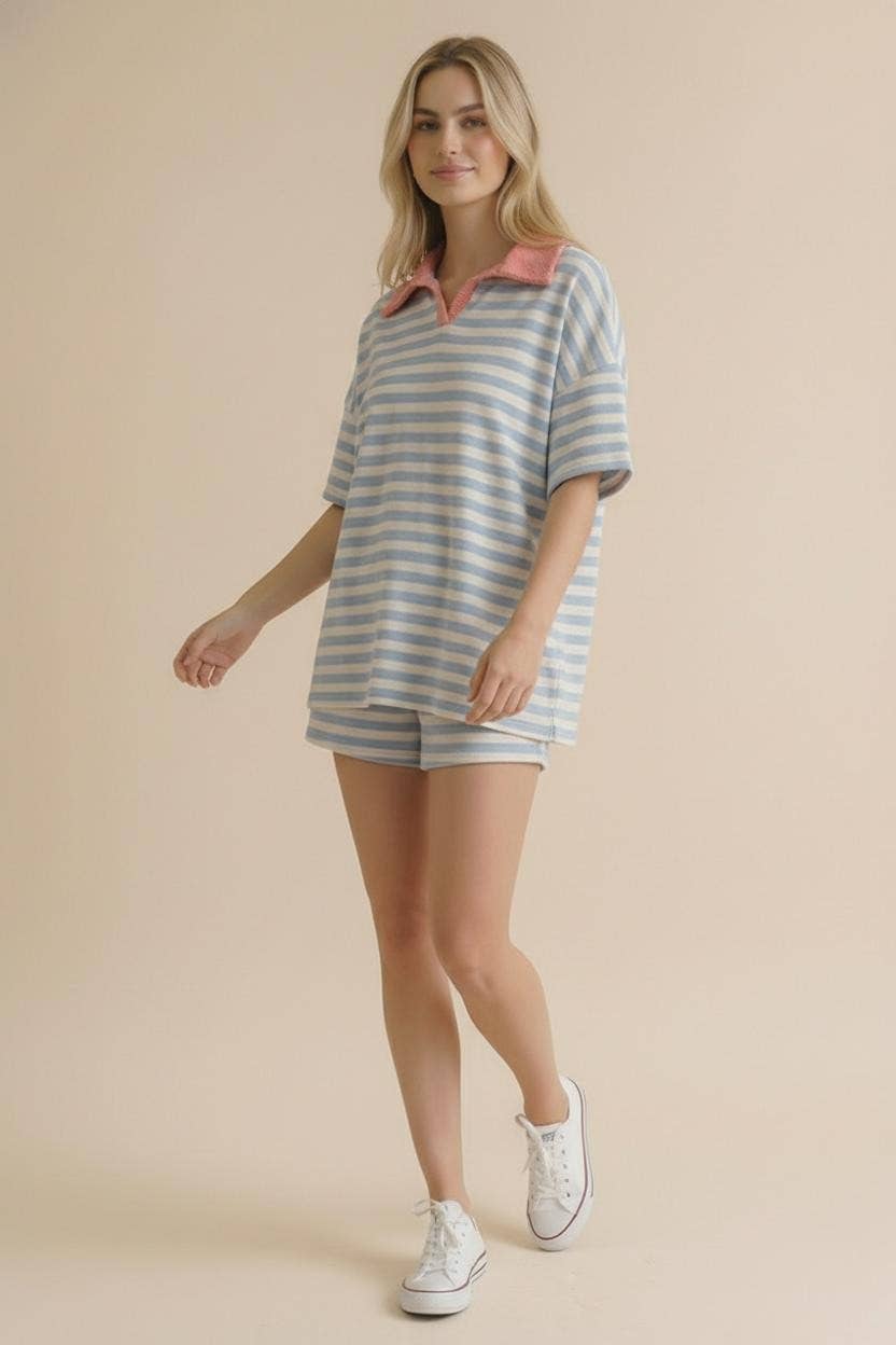 Stripe Color Block Loose Fit Lounge Wear Set: Light Blue/Coral