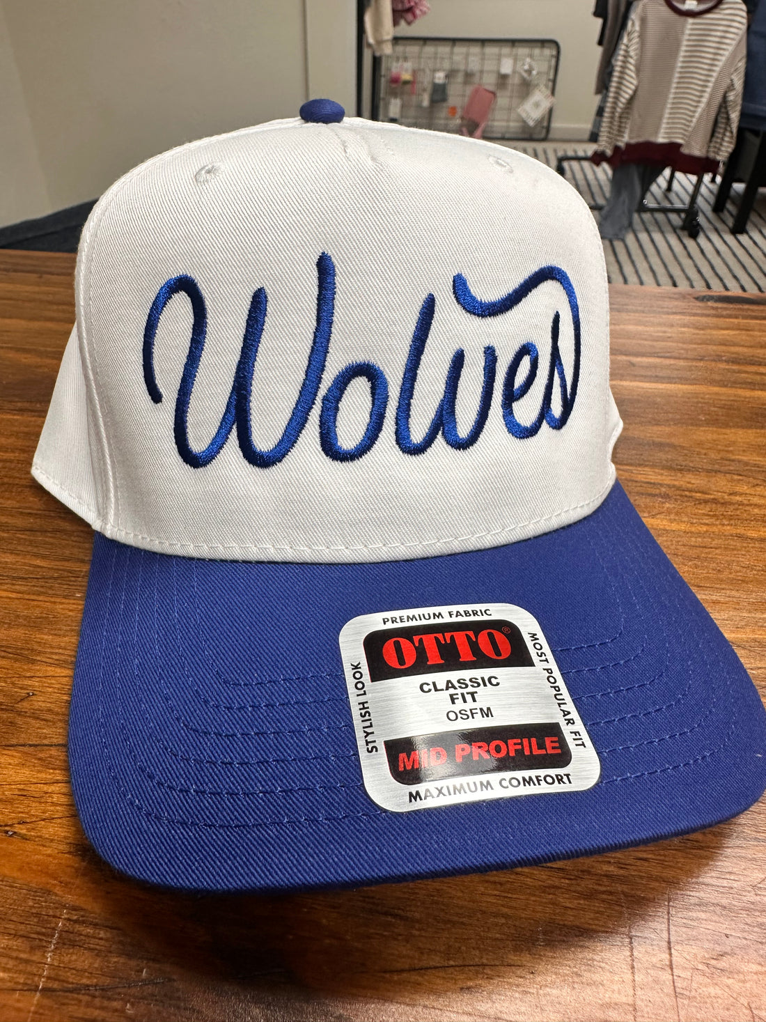Wolves Trucker: Royal/White/Royal Script Lettering
