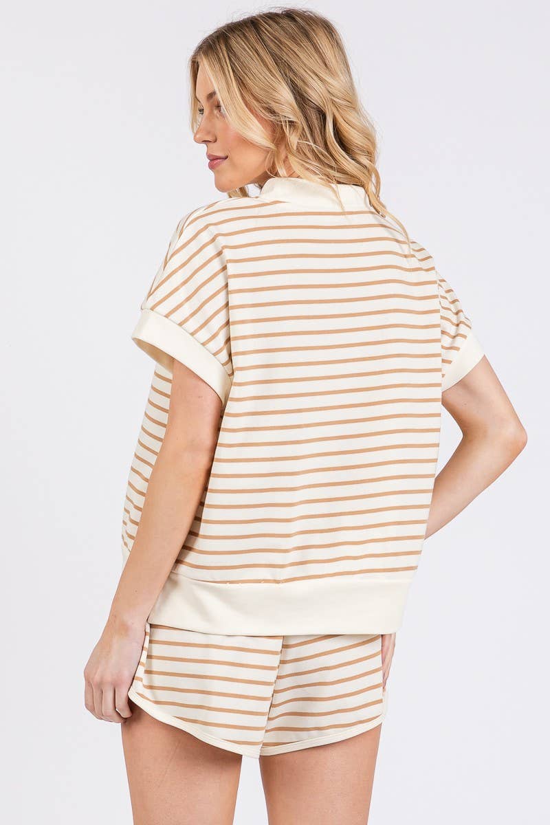 HALF ZIP UP STRIPED TOP AND SHORTS SETS : BLUE/PINK