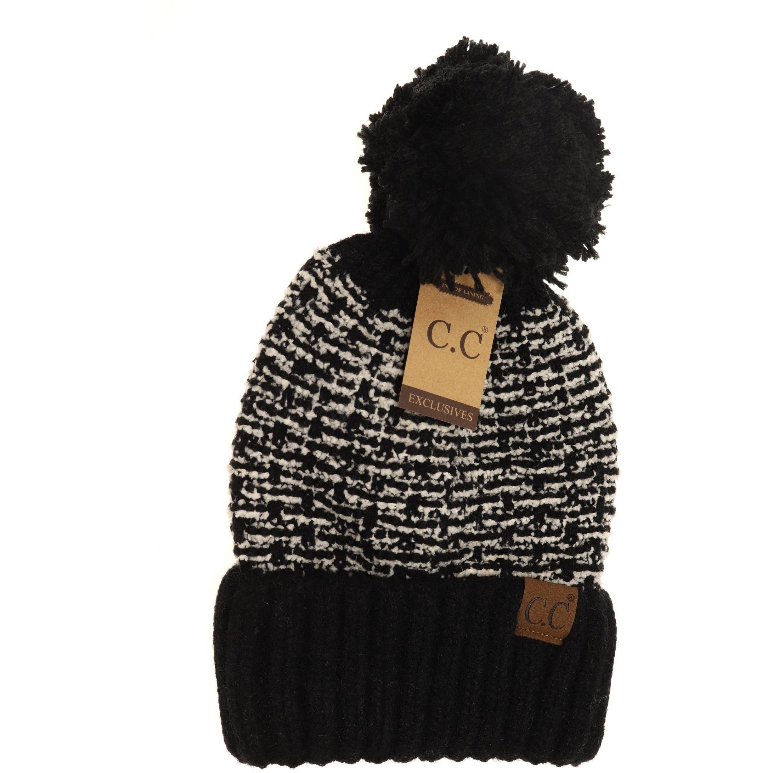 Tweed Knit Knit Pom Beanie : Black