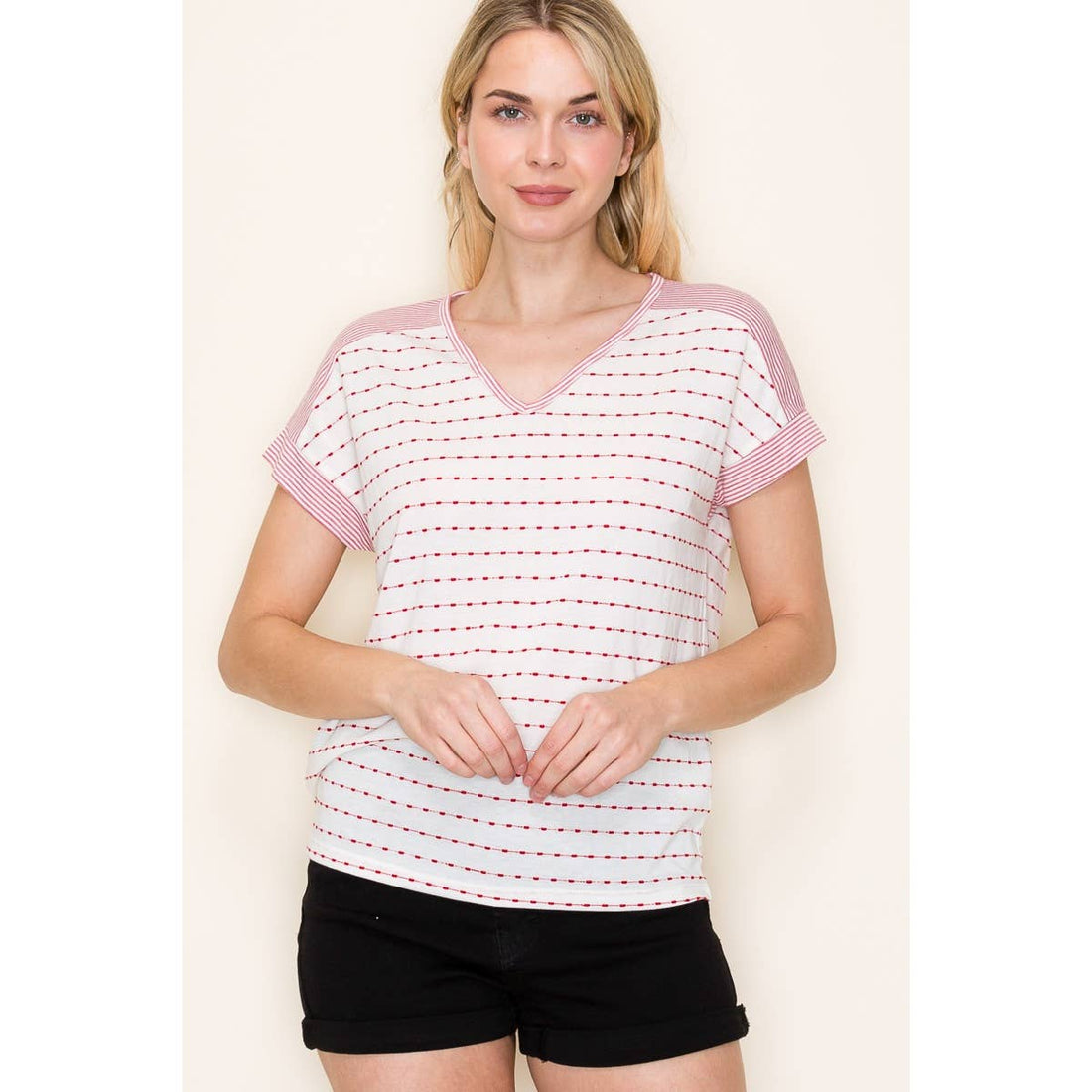 DOTTED STRIPE TOP: IVORY/RED