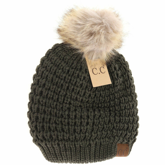 Solid Waffle Stitch Fur Pom C.C Beanie : Moss