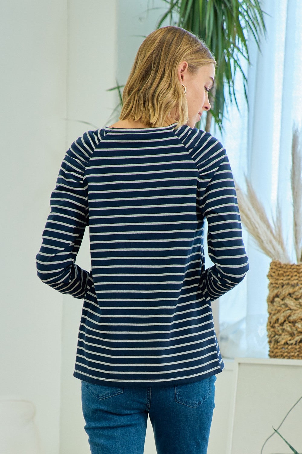 Carsynn Navy Shirred Sleeve Top