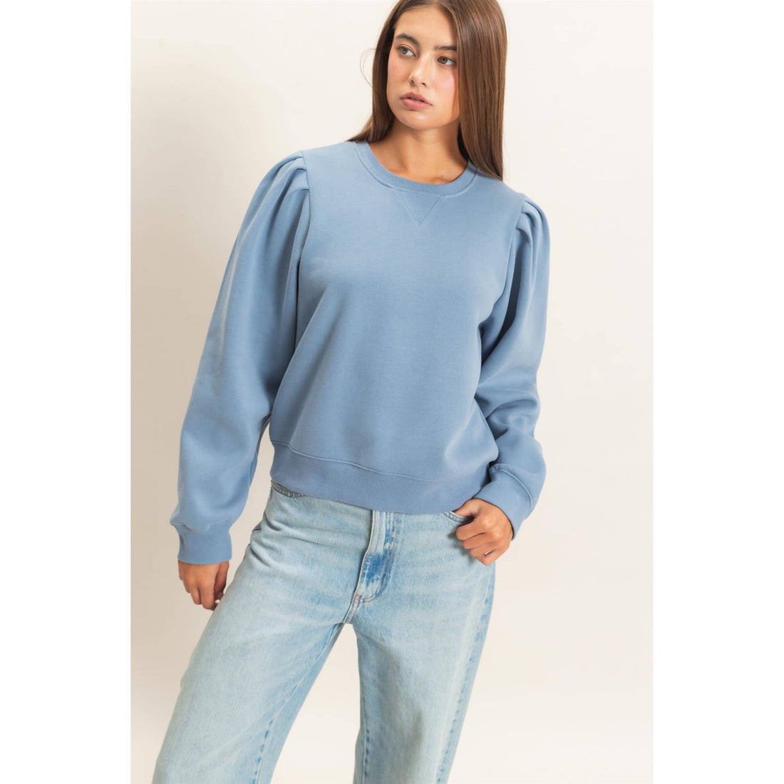 Harlow Puff Sleeve Crew Neck Sweatshirt: DUSTY BLUE