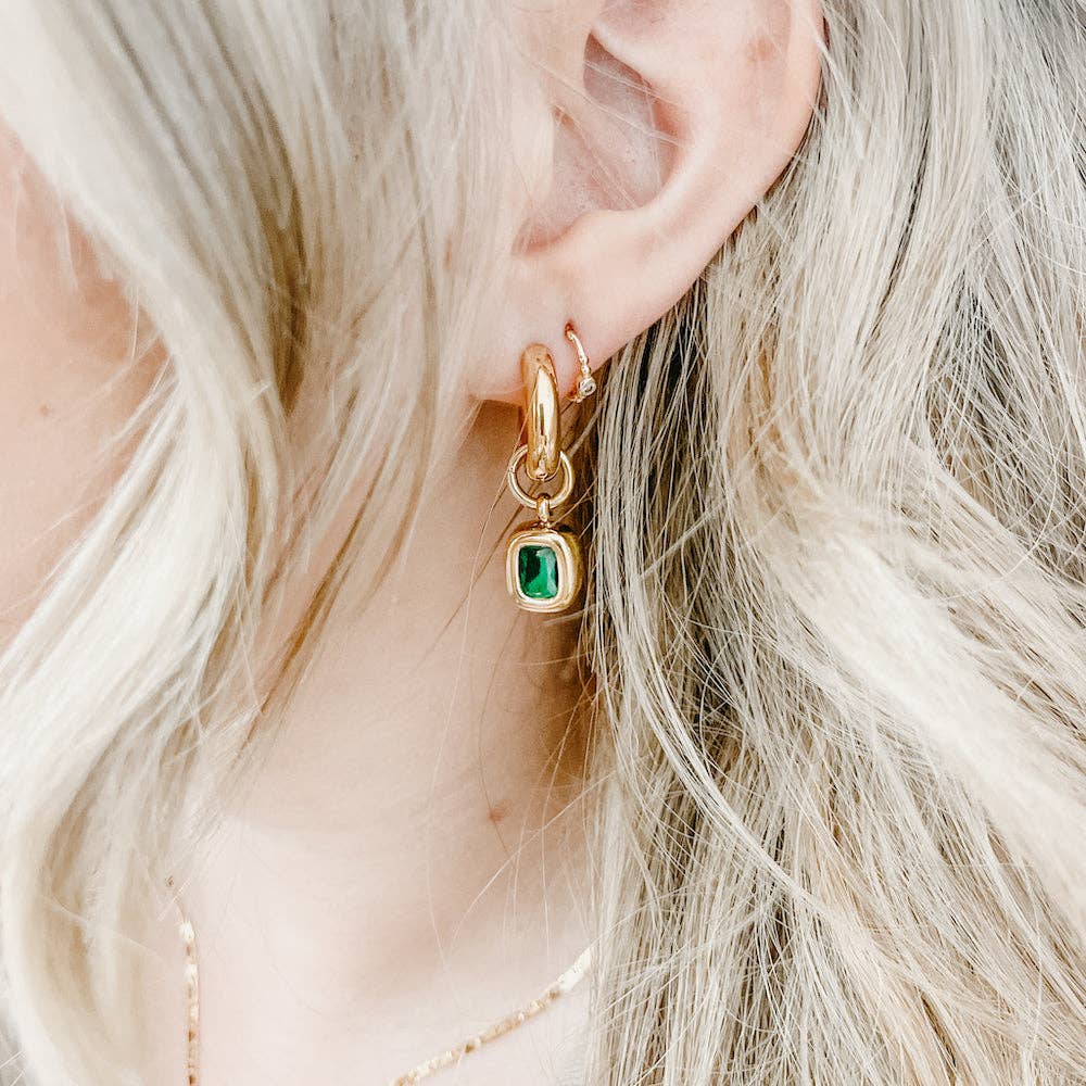 Emerald Accent Chunky Hoop Gold Earrings