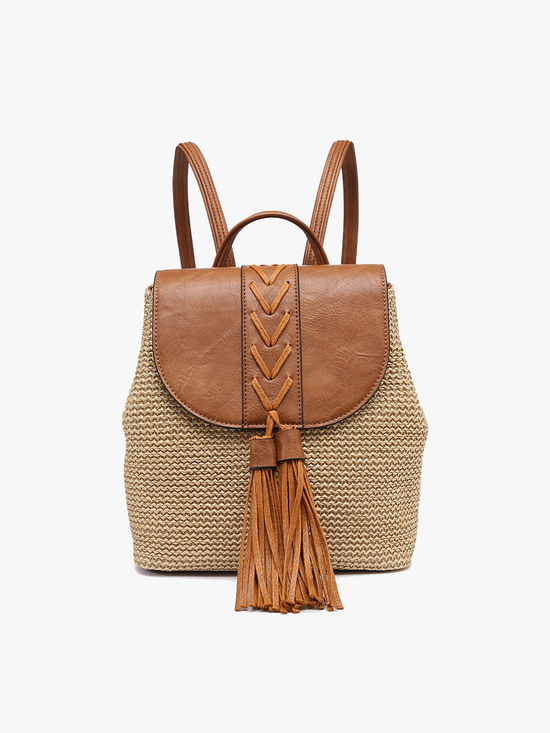 Eleanora Straw Backpack w/ Vegan Leather Detail: Tan/Brown