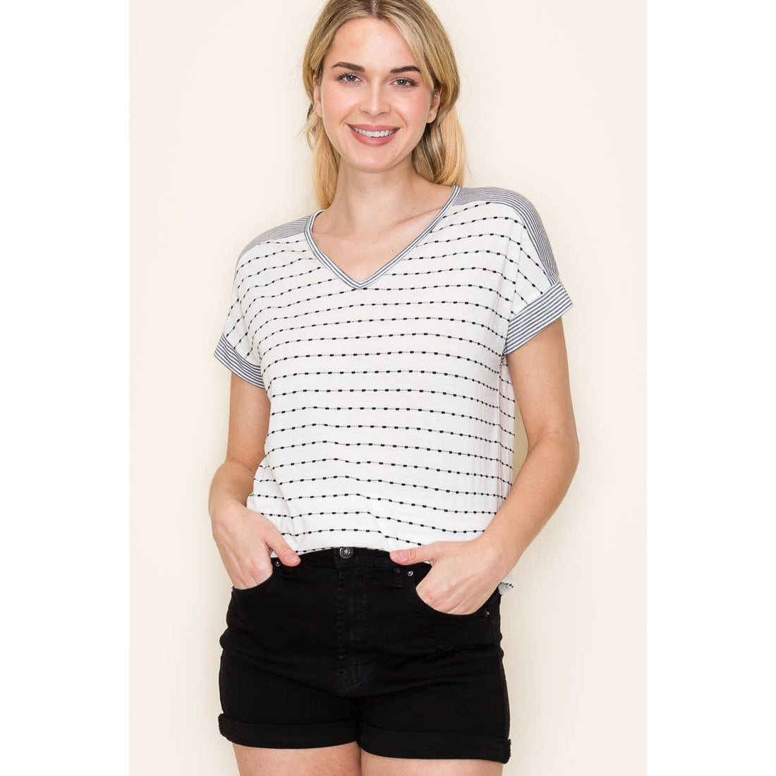 DOTTED STRIPE TOP: IVORY/RED