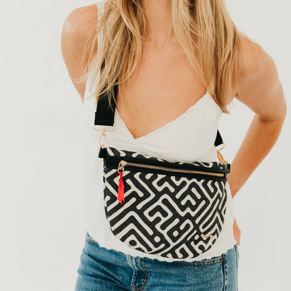 Callahan Canvas Printed Bum Bag: Black &amp; Cream Geometric
