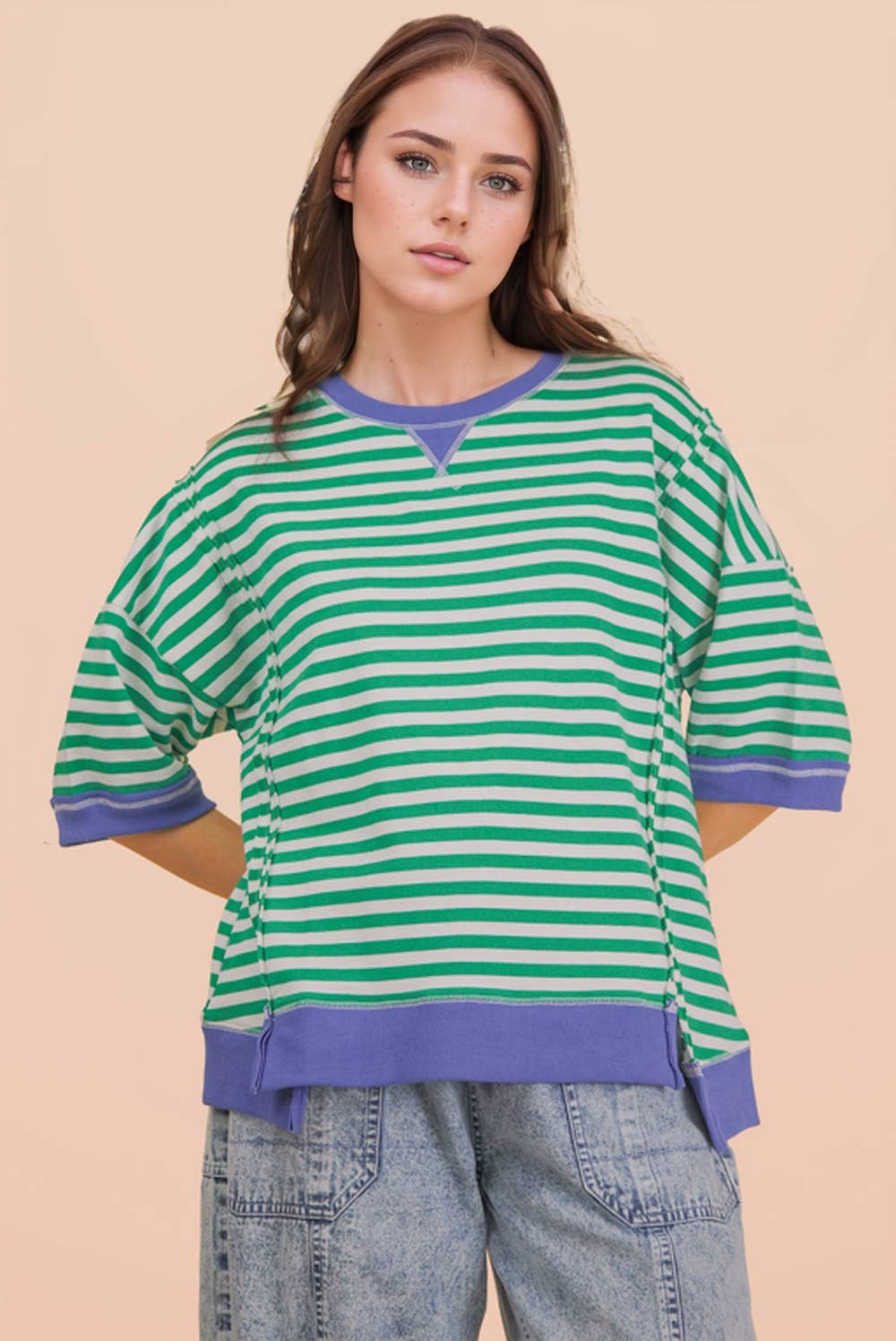 Kelly and Cream Oversized Stripe Casual Knit Top