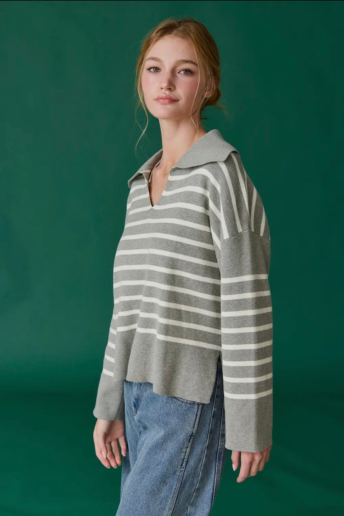 Brynn Collared Gray Stripe Sweater